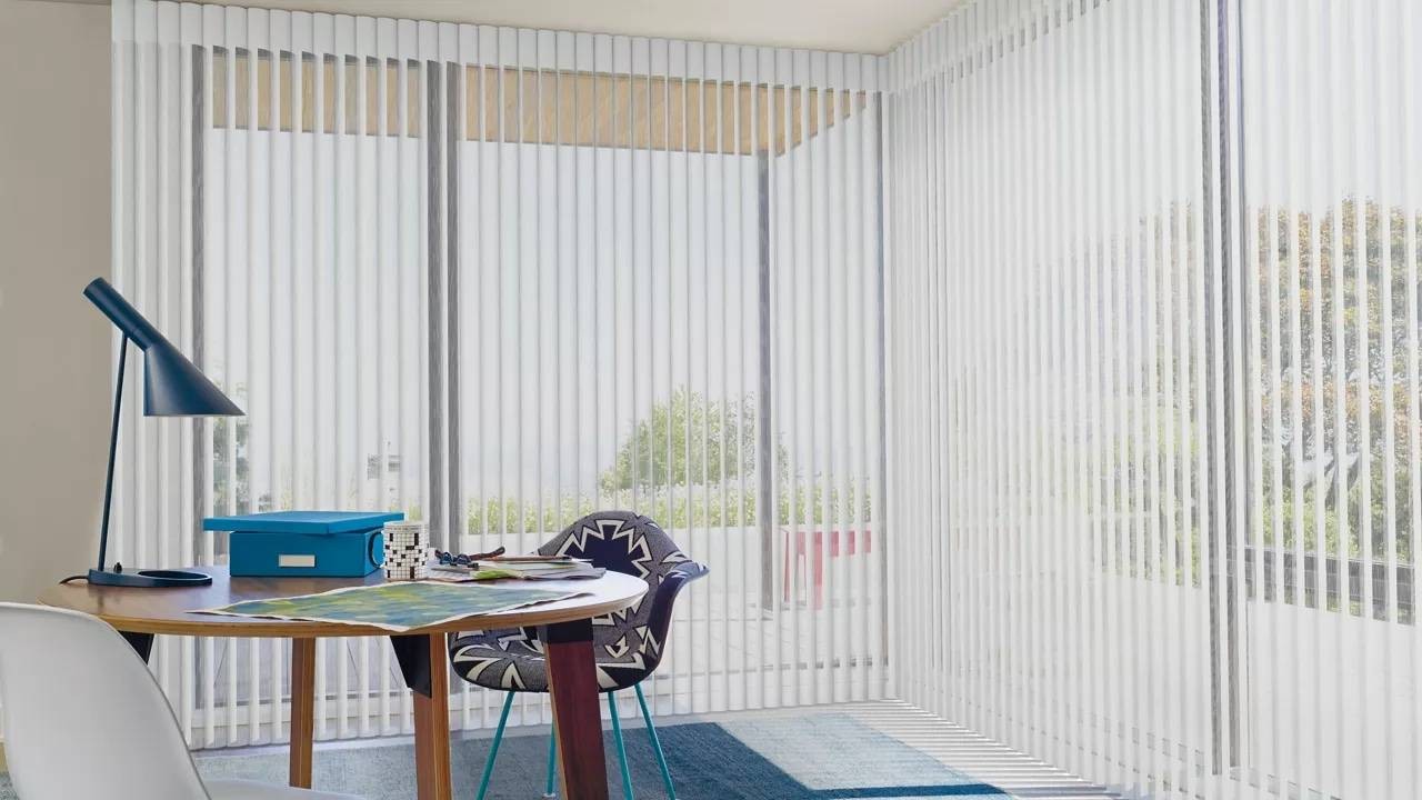 Hunter Douglas Luminette® Privacy Panels on Expansive Windows in a Small Corner Office near Boone, NC