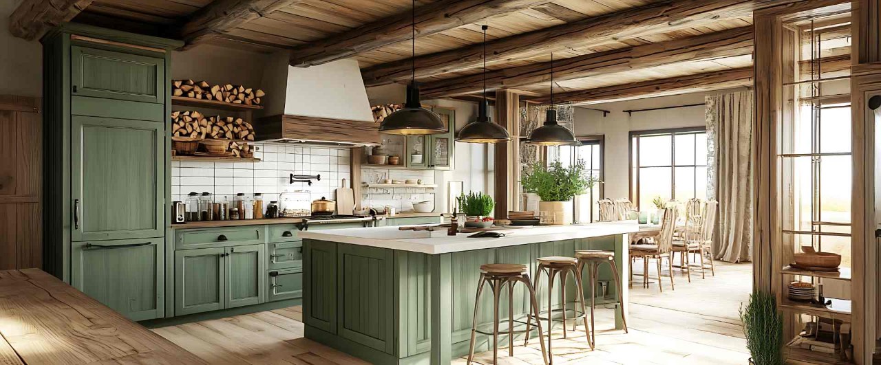 A rustic farmhouse kitchen and dining room with wood elements and drapes at Appalachian Blind & Closet near Boone, North Carolina